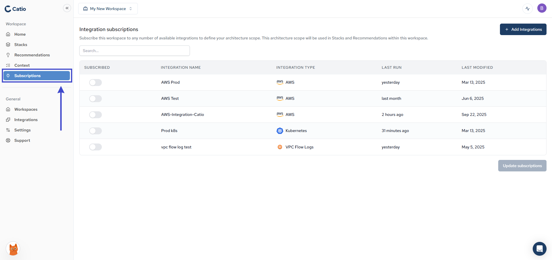 Subscriptions landing
