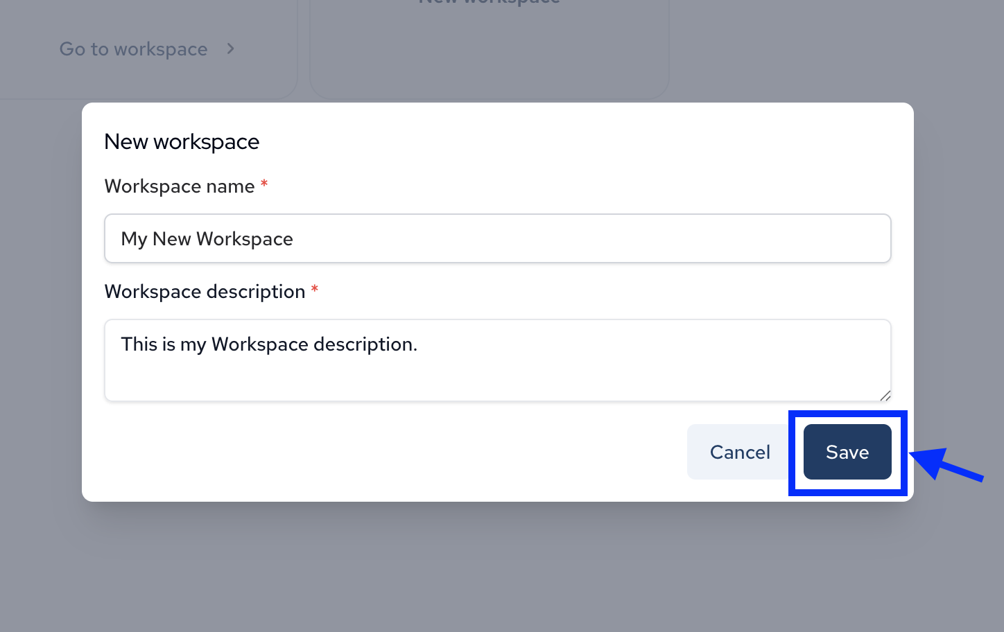 Workspace modal save