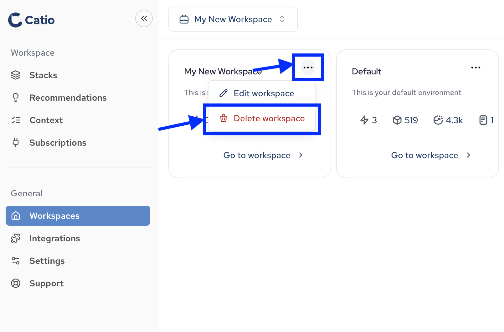 Delete workspace dropdown