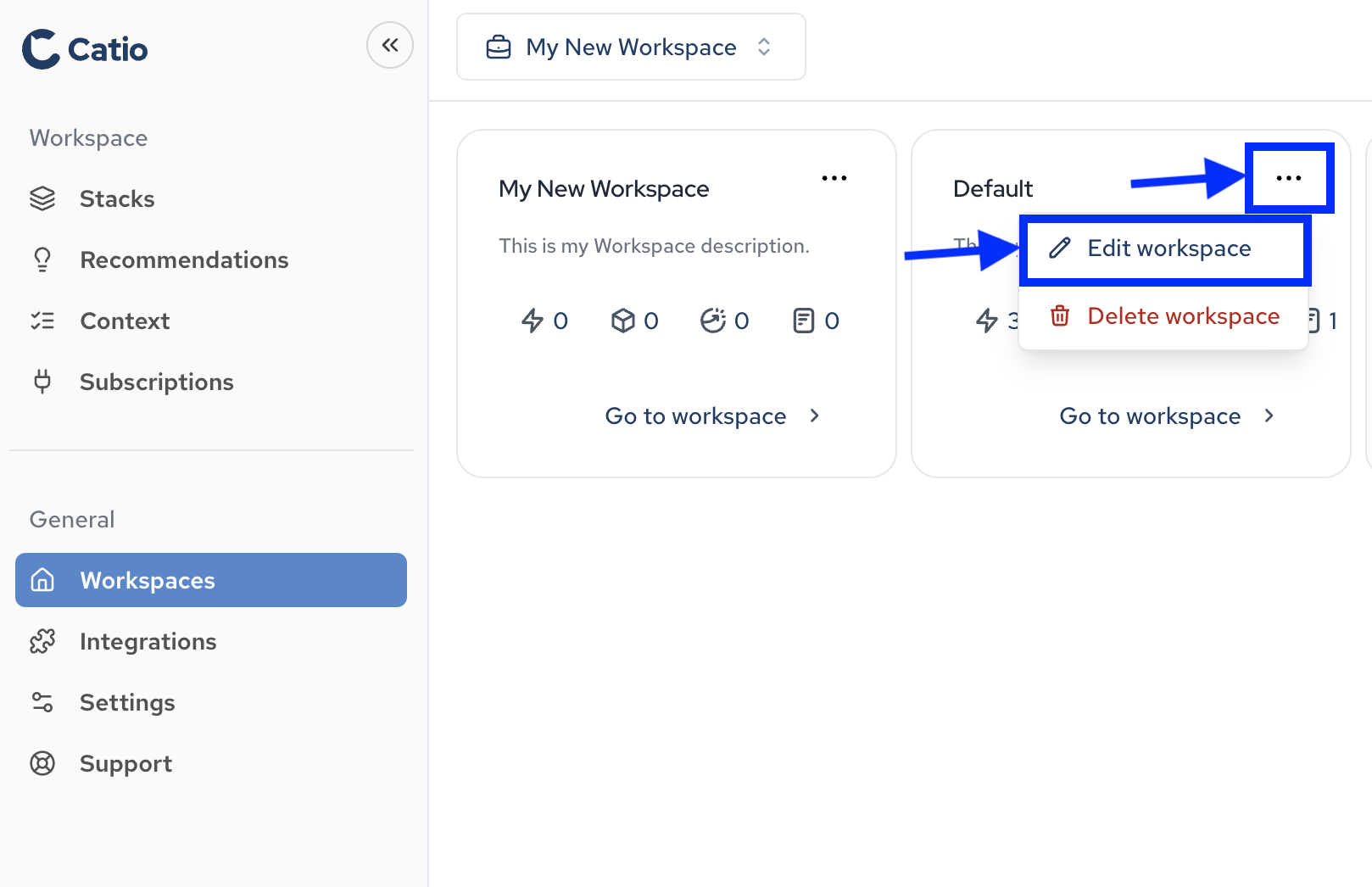 Edit workspace dropdown